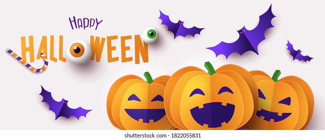Happy Halloween greeting banner, card or party invitation with Happy Holiday text, cutest pumpkins and bats on white background. Design template for advertising, web, social media. Paper cut style