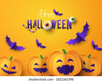 Happy Halloween greeting banner, card or party invitation with cutest pumpkins and bats on yellow orange background with copy space. Design template for advertising, web, social media. Paper cut style