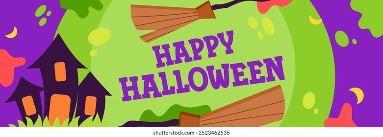 Happy Halloween greeting banner, card or party invitation with Holiday calligraphy, witch broom and castle on purple background. Design template for advertising, web, social media