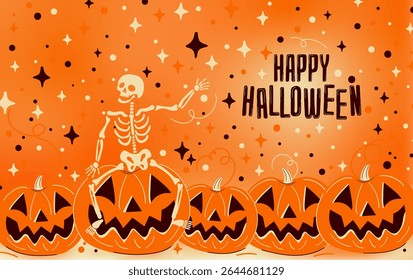 Happy Halloween greeting banner. A cute illustrated skeleton sits on a jack-o-lantern and waves. Spooky and fun vector poster on a festive orange background with pumpkins nice as a greeting card.