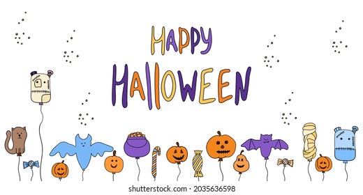 Happy Halloween greeting banner with funny characters of balloons. Cute pumpkins, bats, zombies and mummies vector illustrations are drawn by hand on a white background template postcard.