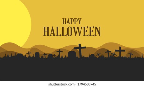 Happy Halloween greeting banner with graveyard and tombstone in flat design