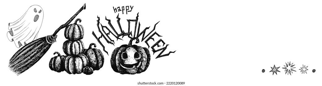 Happy Halloween, greeting banner with hand drawn holiday elements: calligraphic inscription, broom, pumpkins and ghost. Empty space for entering your information, mockup. Halloween vector illustration