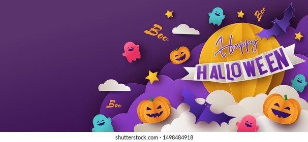 Happy Halloween greeting banner or party invitation with night clouds, pumpkins, bats and cute ghosts on violet background with big yellow moon. Paper cut style, digital craft style.