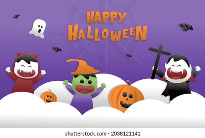 Happy Halloween greeting banner or party invitation with night clouds, pumpkins, bats, and cute ghosts, vampire on a violet background. Paper cut and papercraft style.Vector illustration.