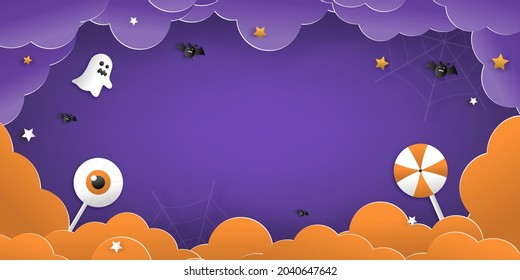 Happy Halloween greeting banner or party invitation with night clouds, pumpkins, bats, and cute ghosts, vampires on a violet background. Paper cut and papercraft style.Vector illustration.