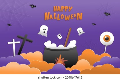 Happy Halloween greeting banner or party invitation with night clouds, pumpkins, bats, and cute ghosts, vampires on a violet background. Paper cut and papercraft style.Vector illustration.