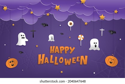 Happy Halloween greeting banner or party invitation with night clouds, pumpkins, bats, and cute ghosts, vampires on a violet background. Paper cut and papercraft style.Vector illustration.
