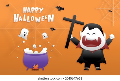 Happy Halloween greeting banner or party invitation with night clouds, pumpkins, bats, and cute ghosts, vampires on a violet background. Paper cut and papercraft style.Vector illustration.