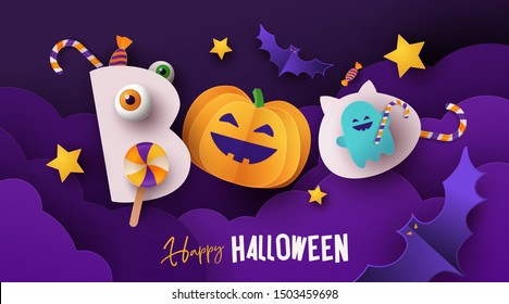 Happy Halloween greeting banner with pumpkin, candy, bats and ghost in night clouds. Text Boo stylized as cute monsters. Paper cut style. Halloween design for poster, party invitation or Sale