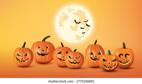 Happy Halloween greeting banner with pumpkins and bats . 