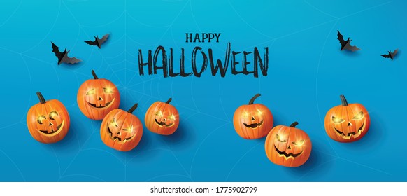 Happy Halloween greeting banner with pumpkins and bats .Paper cut style.