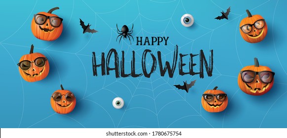 Happy Halloween greeting banner with pumpkins and bats .Paper cut style.