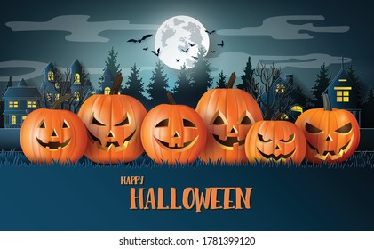 Happy Halloween greeting banner with pumpkins and bats .