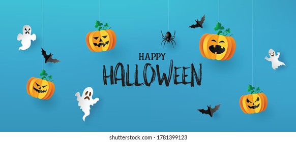 Happy Halloween greeting banner with pumpkins and bats .