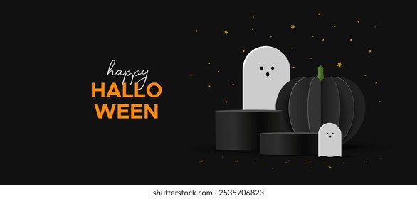 Happy Halloween greeting banner with pumpkins and ghosts on a black background. Black banner for Halloween.