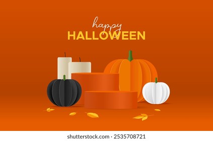 Happy Halloween greeting banner with pumpkins, podium and candles on a orange background. Orange banner for Halloween.
