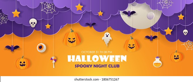 Happy halloween greeting banner with streamers in the shape of pumpkins, ghosts, candy, bats in paper cut style. Vector illustration. 