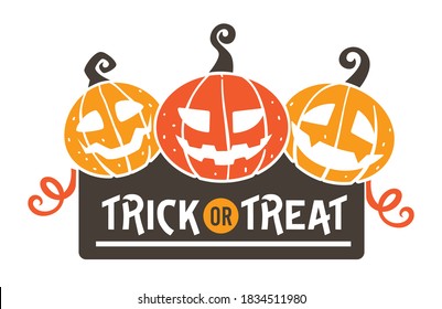 Happy halloween greeting banner, trick or treat. Scary pumpkins with carved faces. Evil characters symbol of october 31. Isolated jack o lanterns and decorative ribbons, vector in flat style