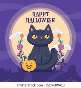 Happy Halloween greeting with a black cat and fancy flowers