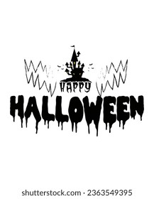 Happy Halloween Greeting In Black Monotone Color With Haunted House Graphic