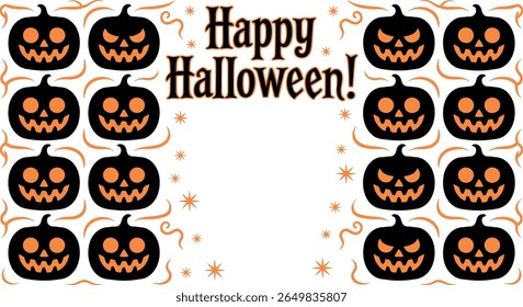 Happy halloween greeting with black and orange jack o lantern pumpkins silhouette