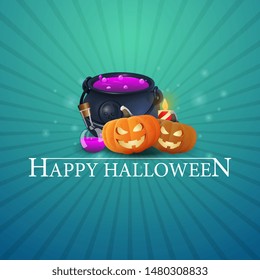 Happy Halloween, greeting blue card with witch's pot and pumpkin Jack