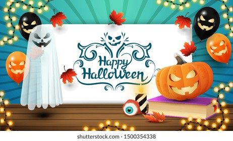 Happy Halloween, greeting blue card with halloween balloons, ghost, spell book and pumpkin Jack