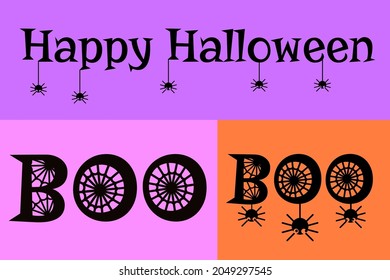Happy halloween greeting. Boo word with spider web inside. Applicable for halloween invitation poster, banner or greeting. Boo funny word. Vector illustration