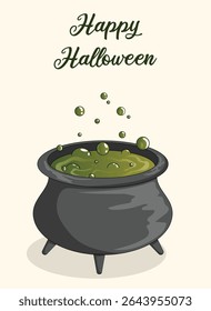 Happy Halloween Greeting with Bubbling Green Potion Cauldron – Spooky Holiday Cartoon Illustration