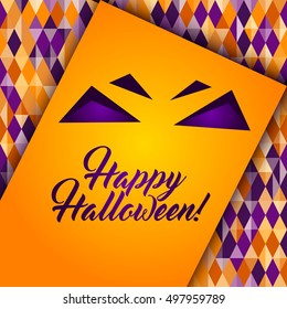 Happy Halloween greeting card, Abstract geometric pattern, diamond shapes. Traditional colors for Halloween background, yellow, orange, purple. Halloween vector background. Seamless Halloween pattern.