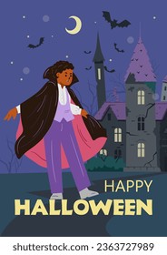 Happy Halloween greeting card with african american boy in Dracula costume standing in front of creepy old castle. Kids Halloween party flyer with night background.