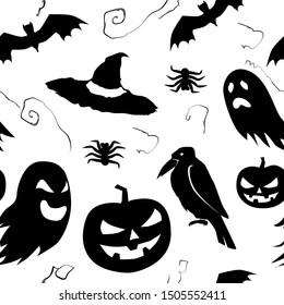 Happy Halloween greeting card  background flat simple illustration. Seamless background for Halloween holiday in black and white pattern.