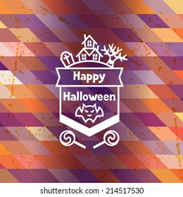 Happy Halloween greeting card with badges and icons.
