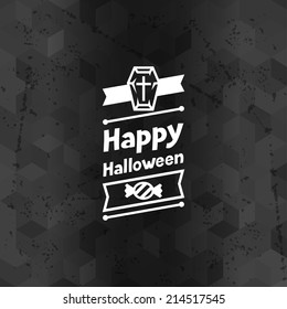 Happy Halloween greeting card with badges and icons.