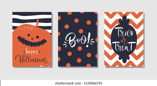 Happy Halloween greeting card, banner, poster templates. Traditional symbols and handwritten text.