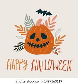 Happy Halloween greeting card or banner with lettering and pumpkin illustration. Herbs, plants, bat, carved pumpkin jack-o-lantern print, menu, social media image.