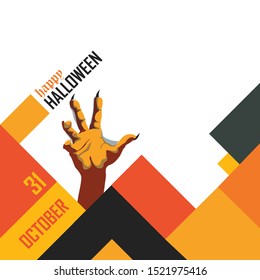 Happy Halloween Greeting Card or Banner for October Event with Orange Black theme and Scary Zombie Hand.