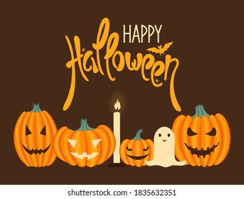 Happy Halloween greeting card. Banner with pumpkin lanterns, candle and ghost. Cartoon style. Vector illustration.