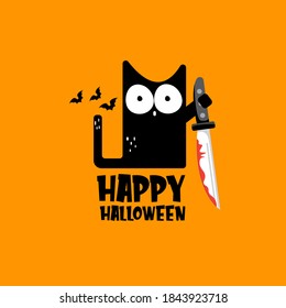 Happy halloween greeting card or banner with Black cat holding bloody knife  isolated on orange background. Funny Halloween black cat holding a bloody knife . Halloween concept illustration