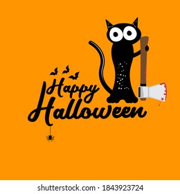 Happy Halloween greeting card or banner with Black cat holding ax isolated on orange background. Funny Halloween black cat holding a bloody ax. Halloween concept illustration