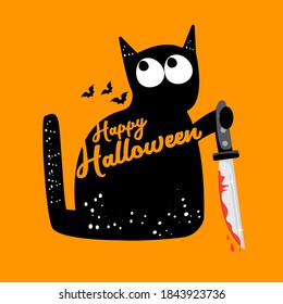 Happy halloween greeting card or banner with Black cat holding ninja katana knife  isolated on orange background. Funny Halloween black cat holding a bloody knife . Halloween concept illustration