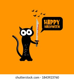 Happy halloween greeting card or banner with Black cat holding ninja katana knife  isolated on orange background. Funny Halloween black cat holding a bloody knife . Halloween concept illustration