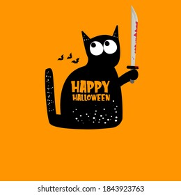 Happy halloween greeting card or banner with Black cat holding ninja katana knife  isolated on orange background. Funny Halloween black cat holding a bloody knife . Halloween concept illustration