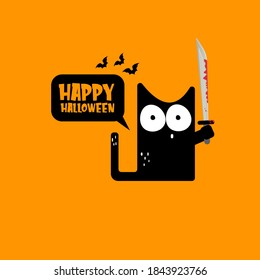 Happy halloween greeting card or banner with Black cat holding ninja katana knife  isolated on orange background. Funny Halloween black cat holding a bloody knife . Halloween concept illustration