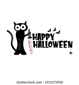 Happy halloween greeting card or banner with Black cat holding knife isolated on white background. Funny Halloween black cat holding a bloody knife . Halloween concept illustration