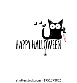 Happy halloween greeting card or banner with Black cat holding knife isolated on white background. Funny Halloween black cat holding a bloody knife . Halloween concept illustration