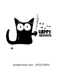 Happy halloween greeting card or banner with Black cat holding ninja katana knife isolated on white background. Funny Halloween black cat holding a bloody knife . Halloween concept illustration