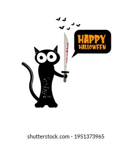 Happy halloween greeting card or banner with Black cat holding ninja katana knife isolated on white background. Funny Halloween black cat holding a bloody knife . Halloween concept illustration