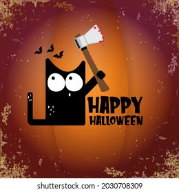 Happy halloween greeting card or banner with Black cat holding knife isolated on grunge orange background. Funny Halloween black cat holding a bloody knife . Halloween concept illustration